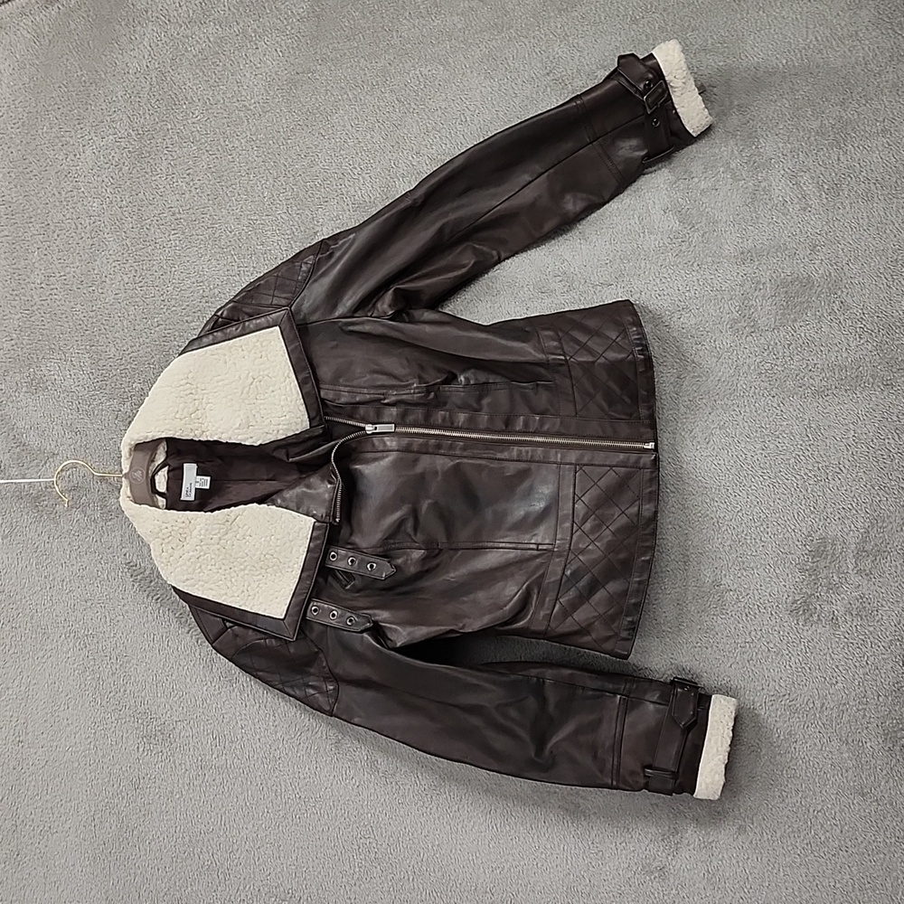 Linea Domani Jacket Womens Size 8 Faux Leather Brown Distressed Full Zip